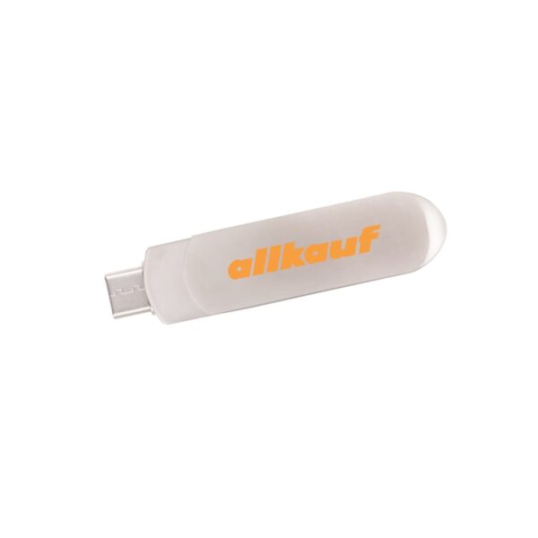 A white USB flash drive with the word allkauf written in orange. The drive has a translucent cap on one end.
