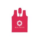 Red reusable tote bag featuring a white geometric star design and the text REAL ESTATE below it. The bag is neatly packed into a small, attached pouch at the top.