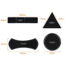 Four black gel pads in different shapes: a rectangle (148mm x 30mm), a triangle (78mm sides), a curved bar (135mm x 55mm), and a circle (79mm diameter). Each pad is labeled FIXATE GEL PADS with dimensions marked.
