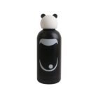 A black water bottle with a white minimalist panda face design on it. The cap is shaped like a pandas head with small black ears.