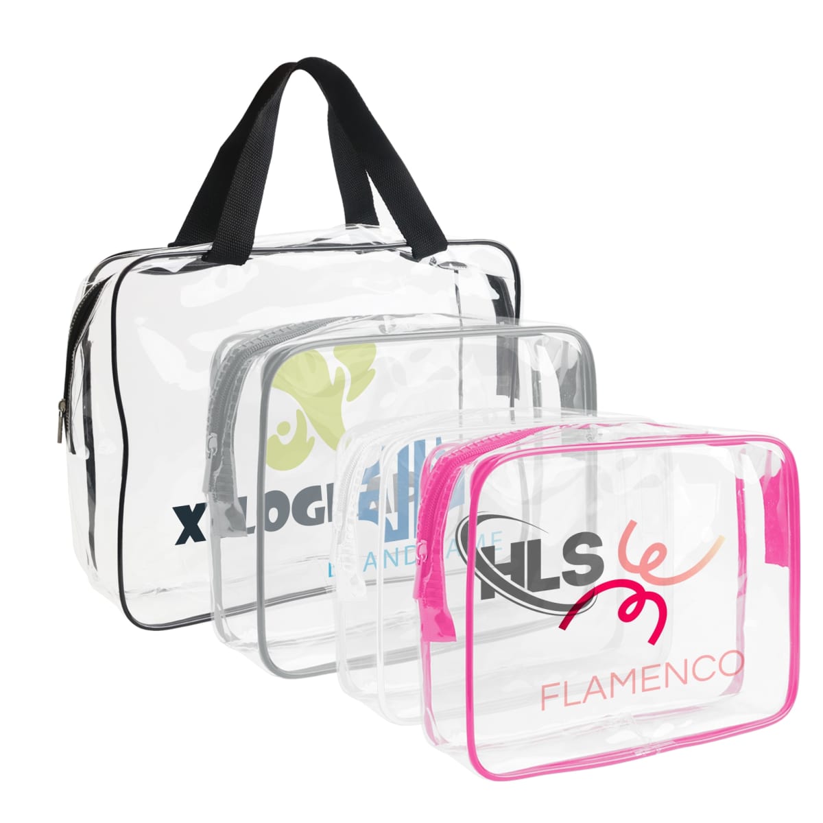 Three clear zippered bags with black, gray, and pink trim, each with a different logo.