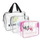 Three clear zippered bags with black, grey, and pink accents, each with different logos.