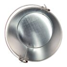 Top view of an empty, shiny metal pail with a handle. The pail has a smooth, reflective surface and is circular in shape.