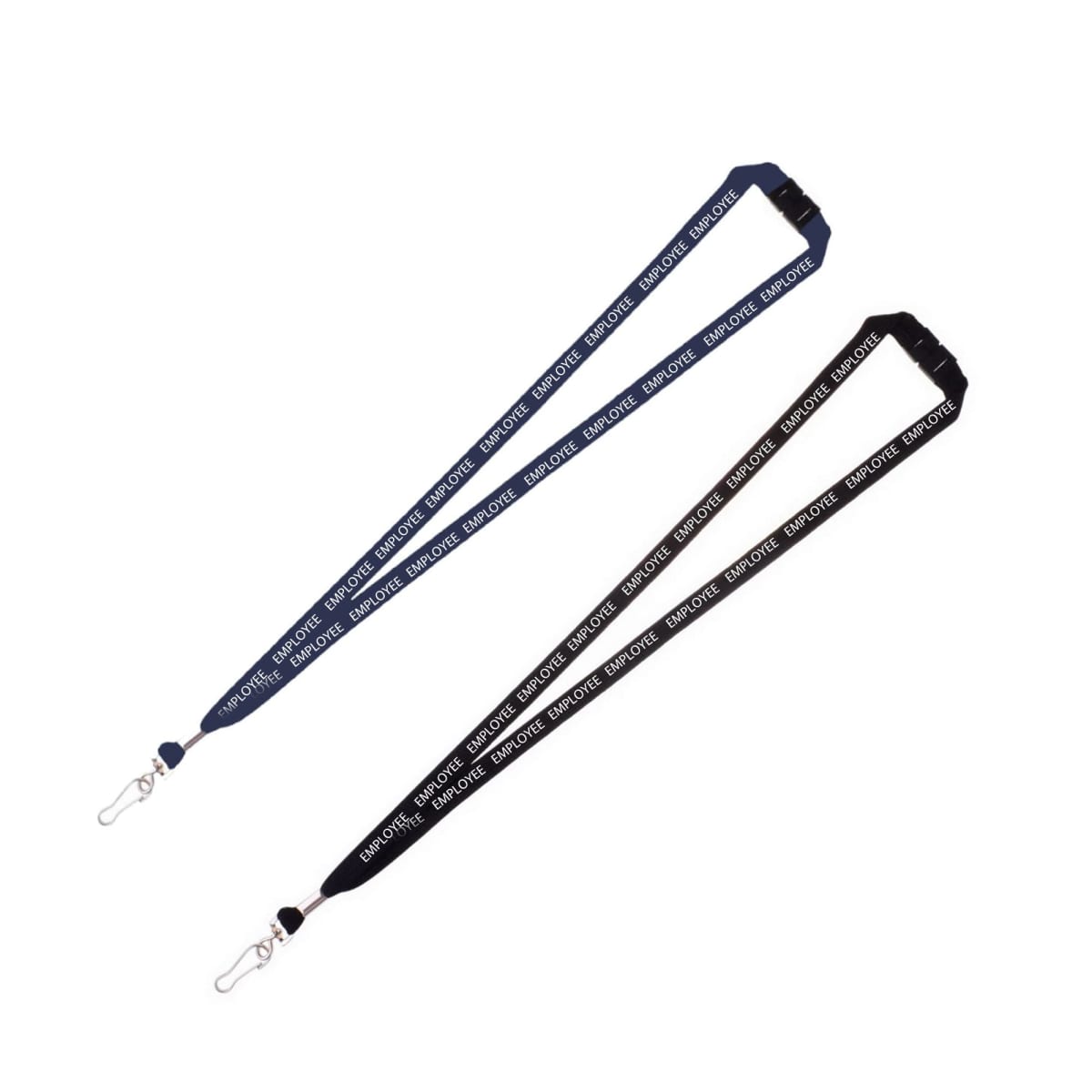 Two lanyards with metal clips are pictured. One is navy blue, and the other is black. Both have white text reading EMPLOYEE repeated along the strap. They are positioned diagonally against a white background.