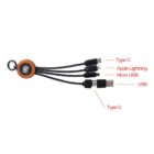 Multi-charging cable with a keyring attachment, featuring three connectors: Type C, Apple Lightning, and Micro USB. The cable is black with a brown circular base. Labels indicate the type of each connector.