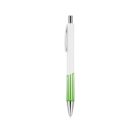 A white and green retractable ballpoint pen with a silver tip and clip, positioned vertically against a plain white background.