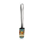 A colorful beer holder with a long strap adorned with a vibrant diamond pattern in green, blue, orange, and yellow. The word Oktoberfest is printed along with an image of a beer bottle.