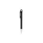 A black pen with a silver tip and a clip on the side, standing upright against a white background.