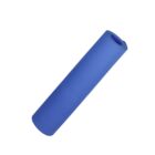 A rolled-up blue yoga mat is shown against a white background.