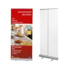 Two retractable banners side by side. The left banner has red header text Lycée professionnel Jean LePoivre and features a chef preparing food. The right banner is blank.