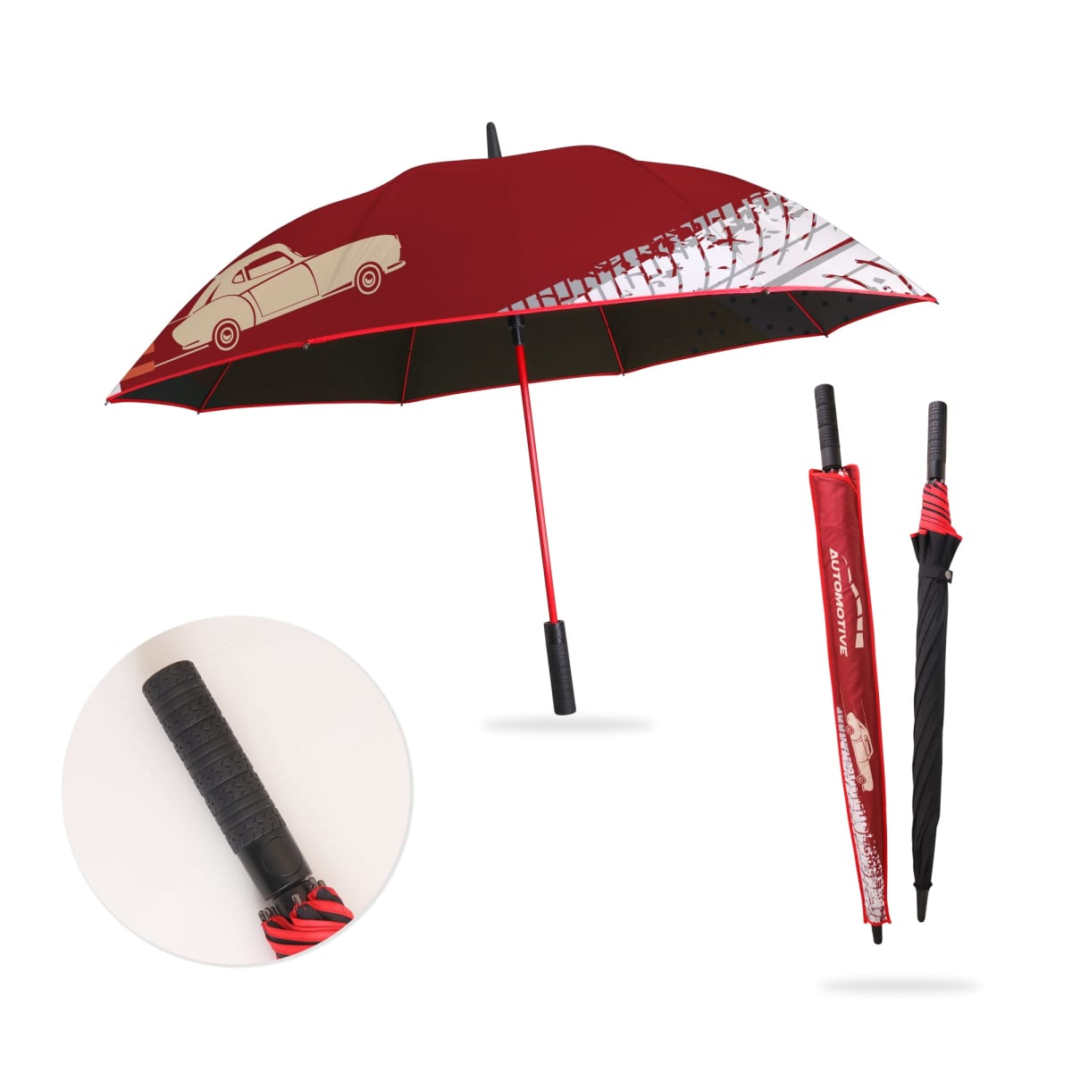 Red umbrella with a vintage car design and tire tracks pattern. The umbrella is open and also shown closed. Close-up of the handle is included. Black handle, red shaft, and matching sheath with similar design elements.
