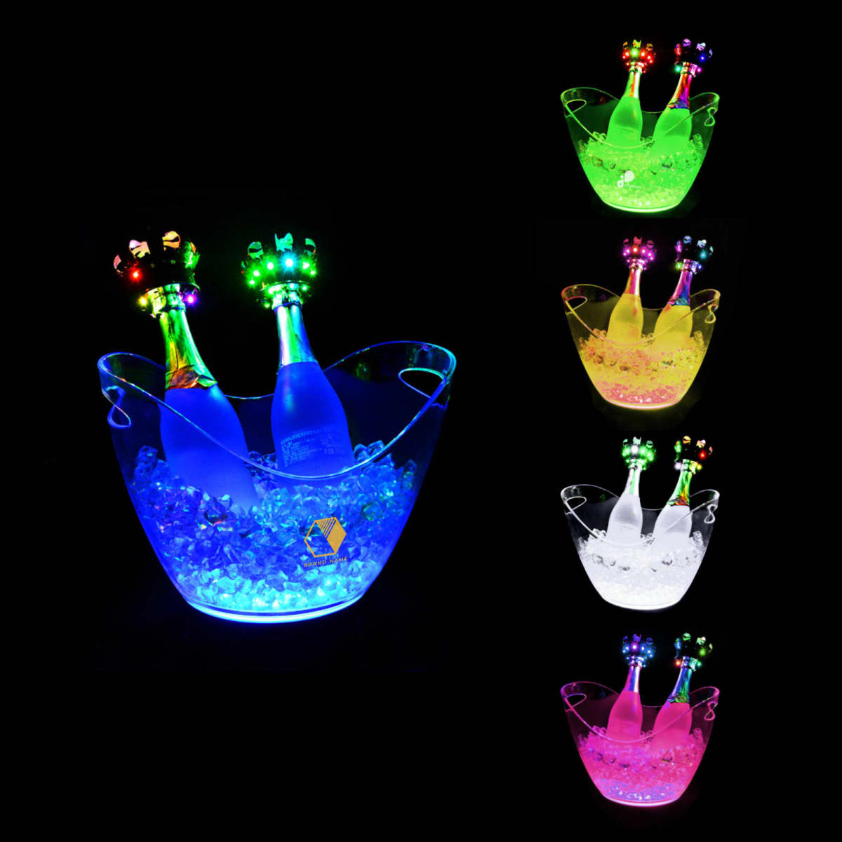 A glowing ice bucket with two bottles is displayed in various colors: blue, green, yellow, white, and pink. Each bucket contains illuminated bottles, enhancing the vibrant effect. The background is black.