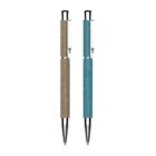 Two ballpoint pens with metallic tips stand upright. One has a beige textured body, and the other has a blue textured body. Both have silver clips and accents.