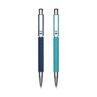 Two pens with textured barrels stand vertically side by side. The left pen has a dark blue barrel, and the right pen has a light blue-green barrel. Both pens have silver clips and tips on a white background.
