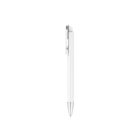 A sleek white pen with a metallic tip and a silver clip is positioned vertically against a plain white background.