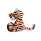 Side view of a cute, striped tiger plush toy sitting down, facing left. The tiger has orange fur with black stripes, a white snout and belly, and a long striped tail. Its against a plain white background.