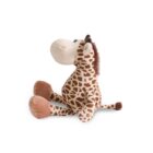 A plush giraffe toy with a light brown and cream spotted pattern sits upright. It has a cream-colored face, brown mane, and brown hooves. The giraffe is shown in profile, facing to the left.