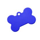 Blue dog bone-shaped pet tag with a small hole at the top for attaching to a collar, placed against a plain white background.
