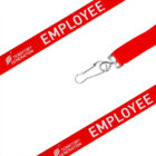 A red lanyard with a metal hook features the word EMPLOYEE and a small logo with text reading TERRITORY GENERATION.