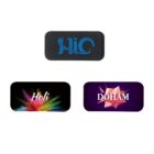 Three rectangular logos: one with stylized blue text on black, one with Holi over a colorful burst on black, and one with DOHAM over geometric shapes on purple.