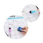 Two circular images show a person using markers and an eraser on a calendar. The top image has a hand holding a blue marker, while the bottom image pictures a hand erasing notes written with a purple marker.