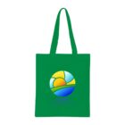 A green tote bag features a colorful circular design of a sun over hills. Below the design, there is placeholder text that reads LOREM ipsum dolor a met. The bag has two handles and a simple, eco-friendly style.