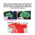 The image shows examples of shirt designs with misaligned patterns at armholes and a collar. A note explains that such misalignments may occur due to material curves in finished products.