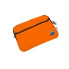 Orange zippered pouch with a black zipper and dual pull tabs. Features a small blue circular logo with a white smiley face on the lower right corner.