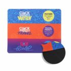 A colorful mouse pad design featuring three sections: blue with CLICK FRENZY MAYHEM and May 16, 2017, purple with CLICK FRENZY TRAVEL and August 22, 2017, and orange with CLICK FRENZY GO WILD. Circular corner cut-out shows the backing.