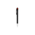 A sleek black pen with a silver tip and a red button on top, set against a plain white background.