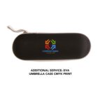 Black EVA umbrella case with a zipper, featuring a colorful logo on the front with four arrows. Below, text reads: ADDITIONAL SERVICE: EVA UMBRELLA CASE CMYK PRINT.
