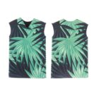 Front and back view of a sleeveless vest featuring a vibrant leafy pattern in shades of green on a dark background. The pattern resembles tropical palm leaves, creating a bold and lively design.