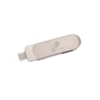 Silver USB flash drive with a sleek design, featuring a visible USB connector on one end and an engraved logo with the word COMPANY on the surface. Isolated on a white background.