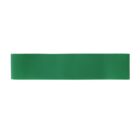 A green exercise resistance band laid out flat on a white background.