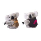 Two plush koala toys wearing shirts. The left koala has a brown shirt with KOAL written on it, while the right koala wears a dark shirt with a pink design and partial text that says COMM. Each koala holds a small black object.