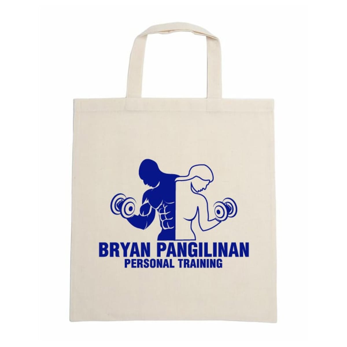 A beige tote bag featuring a blue graphic of two people lifting dumbbells back-to-back. Below the graphic, the text reads BRYAN PANGILINAN PERSONAL TRAINING.