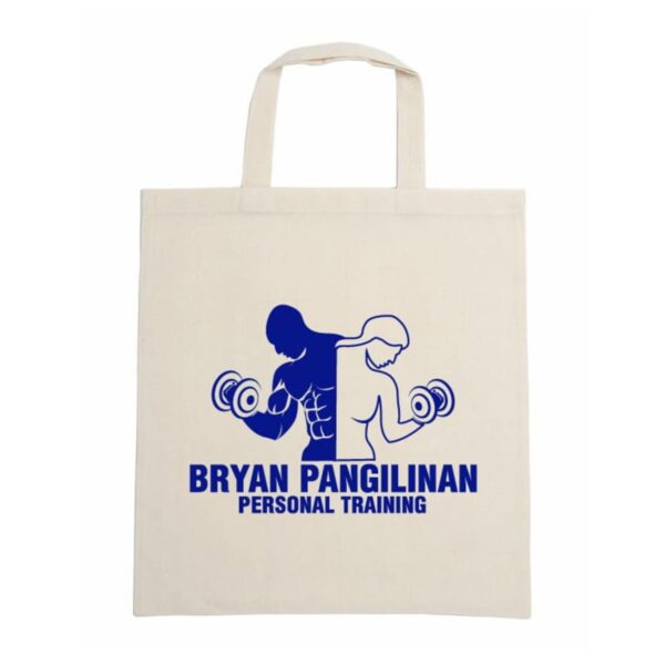 Canvas tote bag featuring a blue graphic logo of two mirrored figures lifting dumbbells. Text reads Bryan Pangilinan Personal Training.
