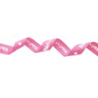 A pink ribbon with white text partially visible, forming a wavy line against a plain white background.