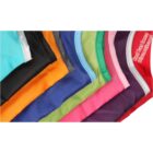 A close-up of folded fabric strips in various colors, including turquoise, black, orange, blue, green, pink, purple, and gray. A red text in the corner reads, “Red has been Discontinued.”.