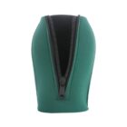 Green neoprene bottle holder with a black zipper, shown standing upright. The zipper is partially open, revealing the interior lining. The holder is designed to insulate and protect bottles.