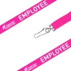 Pink lanyard with EMPLOYEE and Territory Generation printed in white. It features a metal clip for attaching items.