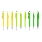 Nine pens with sleek, modern designs in varying shades of yellow and green. Each pen is uniformly aligned vertically, featuring a silver tip and a unique leaf-shaped clip near the top. The background is plain white.