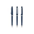 Three navy blue ballpoint pens are shown against a white background. Each pen features a silver clip and tip, and they are displayed from different angles, highlighting their sleek design.