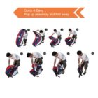 A person demonstrating how to collapse a pop-up tent in eight steps. The series shows folding and securing the tent for storage. An orange banner at the top reads Quick & Easy Pop up assembly and fold away.