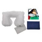 Inflatable travel pillow with pouch and a woman using it in a car.