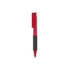 A red pen with a black grip and a clip on its cap, shown against a white background.