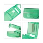 Four images show a green pill cutter from different angles: open with a blade visible, closed showing its compact design, slightly open to display the interior, and a close-up of the blade compartment.