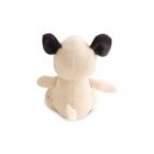 A plush toy of a pug seen from the back, featuring light beige fur and dark brown ears. The toy is sitting on a white surface with its small tail visible.