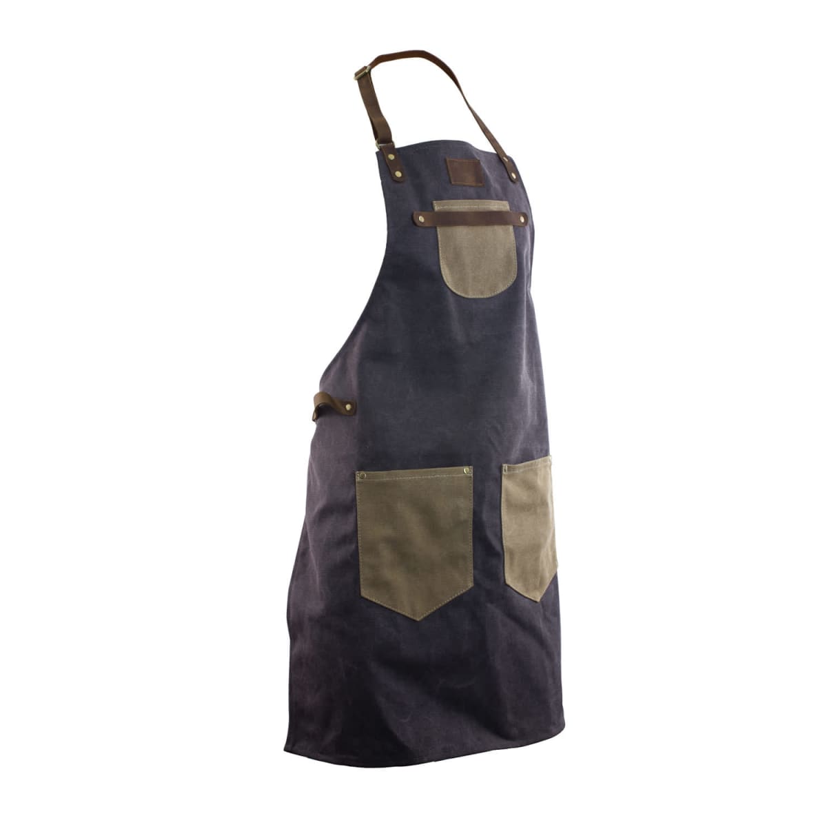 A blue and green apron with brown leather straps is displayed on a white background. It features a chest pocket and three lower pockets, designed for practical use in cooking or crafting.