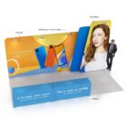 A trade show booth showcasing smartphones. A large backdrop features phones and a woman. Text highlights AI beauty selfie camera. A man in a suit stands nearby. Blue and orange color scheme, with lights labeled POS350A and POS25S.

.